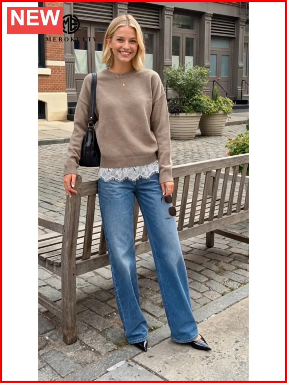 Oversized Lace Sweater Pullover Crew Neck Long Sleeve Knit